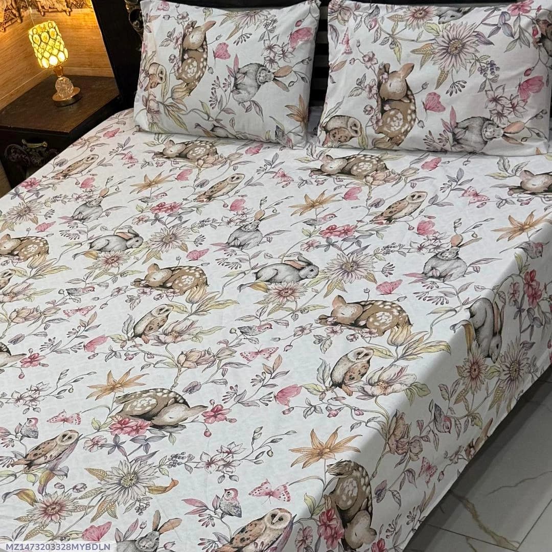 Cotton Printed Double Bedsheet Set with animals Flowers 