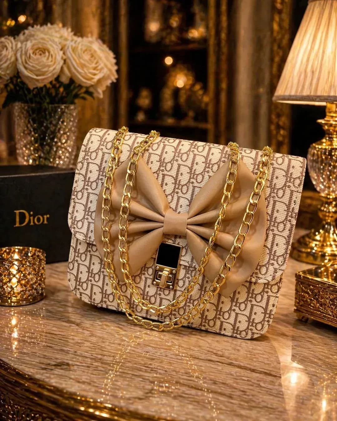 Beige Leather Chain Crossbody Bag for Girls