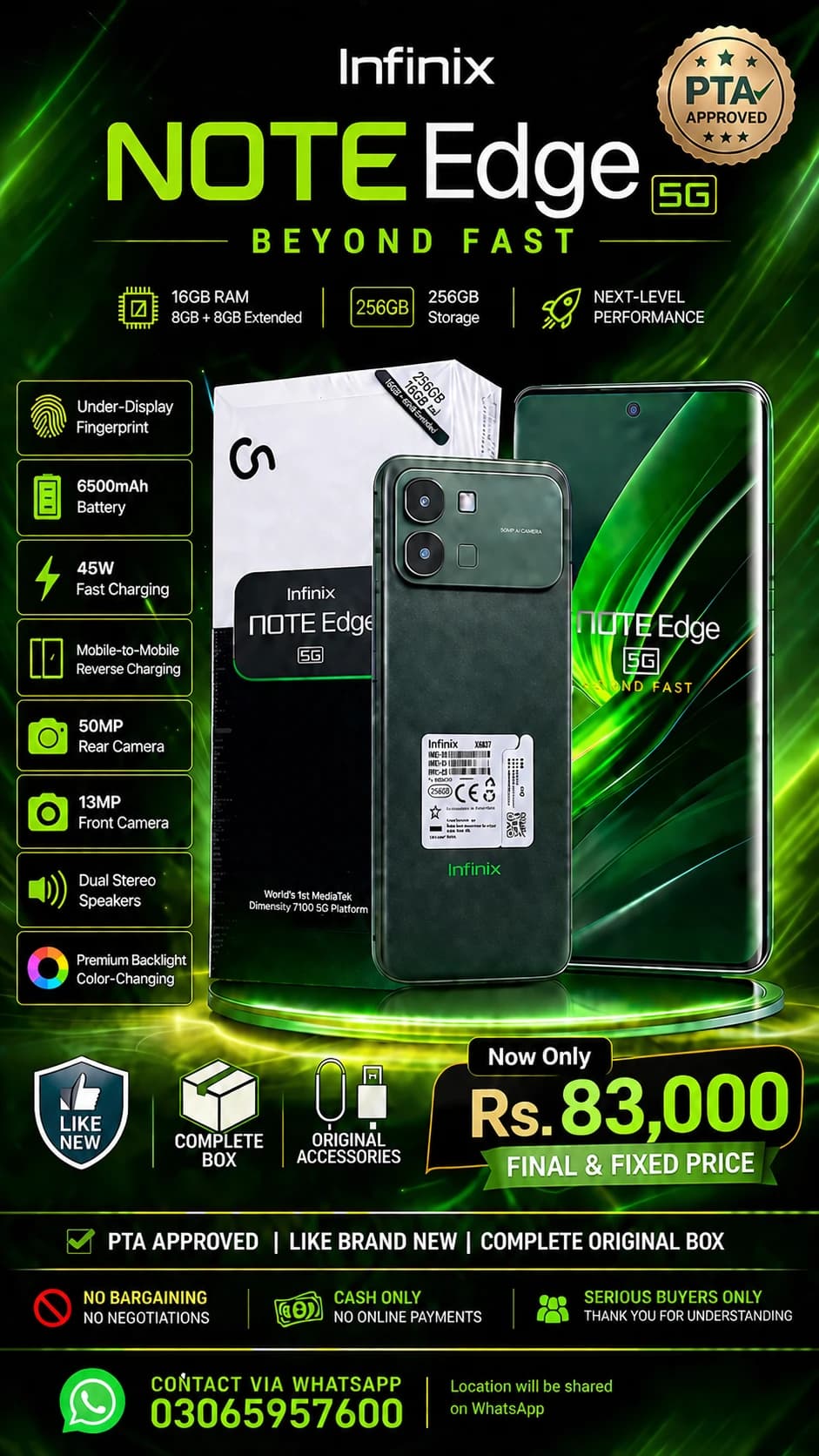 📱 Infinix Note Edge 5G – PTA Approved | Like Brand New |8+8= 16GB RAM | 256GB Storage