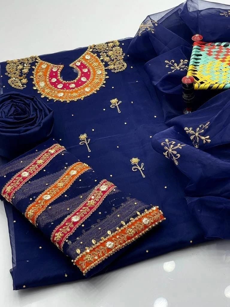 blue embroidered 3,_piece suit set for weddings eid