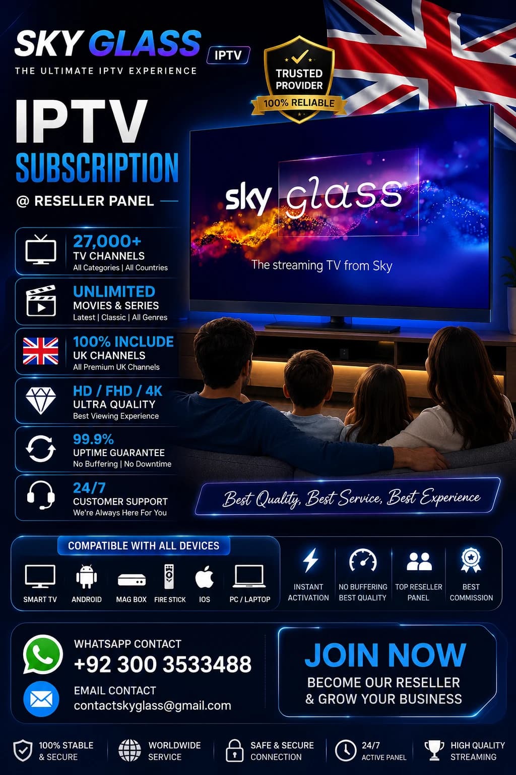 SKY GLASS IPTV SUBSCRIPTION UK - IPTV RESELLER Panel 